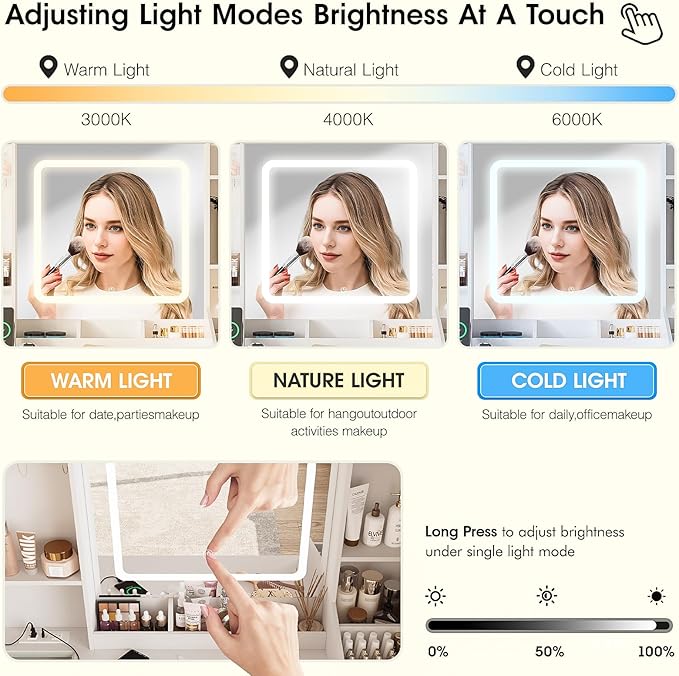 Vabches Vanity Desk with Mirror and Lights, 5 Drawers Makeup Vanity Table with Storage Chair, 44.9in Big Vanity Dresser 3 LED Lighting Modes,Power Outlet,Bedroom White