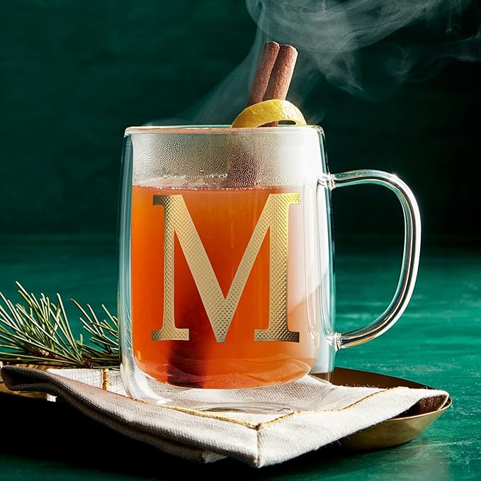 COLLECTIVE HOME - Double Walled Glass Coffee Mugs, Insulated Coffee Mug with Handle, Personalized Gifts for Women, Men, Christmas, 14 oz Monogram Cups (M)