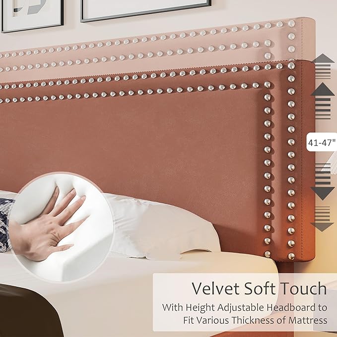 VECELO Full Size Bed Frame with Adjustable Upholstered Headboard, Wooden Slats Platform, Noise-Free Design, Easy Assembly