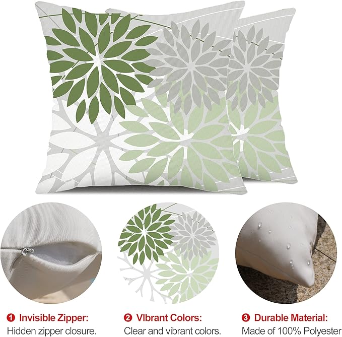 DFXSZ Outdoor Throw Pillow Covers 16x16 Inch Set of 2 Waterproof Spring Summer Geometric Elegant White Green Outdoor Pillow Covers for Patio Funiture Garden Couch 158D16