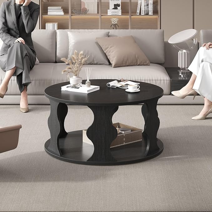 HSH Black Round Coffee Table, Modern Wood Circle Center Table for Living Room, Unique Rustic Wooden Circular Coffee Table with Storage, 2-Tier Accent Cocktail Tea Tables in Small Room, 31.5 in, Oak