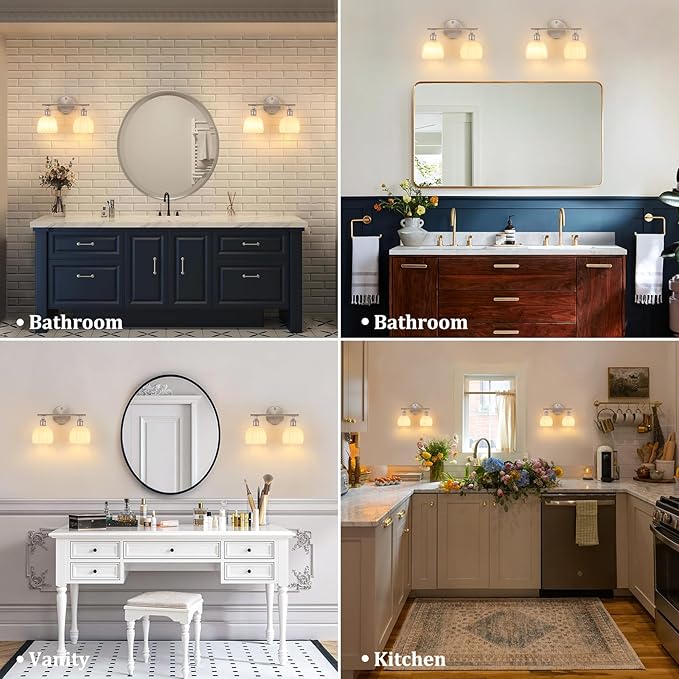 Bathroom Light Fixtures, 2-Light Vanity Wall Light Over Mirror with White Tulip Glass Shade for Bedroom Living Room, Satin Nickel