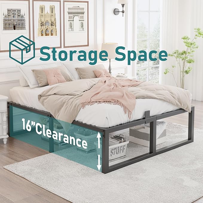 King Bed Frame, 18 Inch High 3500 lbs Metal Platform, Mattress Foundation with Steel Slat Support/No Box Spring Needed/Noise Free/Non-Slip/Easy Assembly