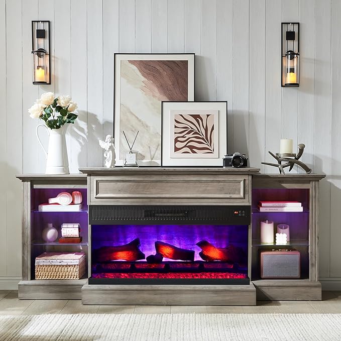 AMERLIFE 70" Electric Fireplace with Mantel, Farmhouse 3-Sided Fireplace TV Stand for TVs up to 75 Inch, Entertainment Center with Adjustable Shelves & LED Light, Rustic Grey