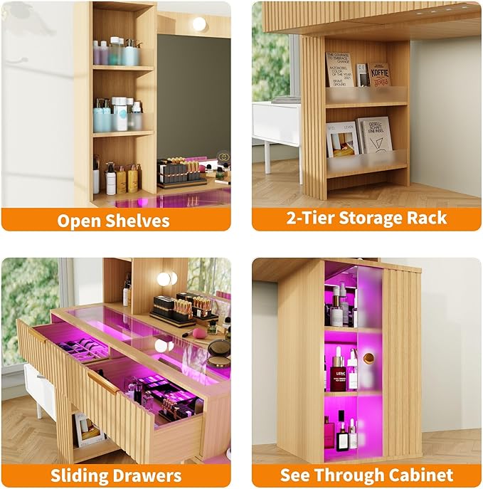 Vanity Desk with Mirror and Lights with Glass Table Top, Makeup Vanity Table with LED Lights,Dressing Table with Storage Cabinet, Brightness Adjustable, Vanity Set for Bedroom,Oak