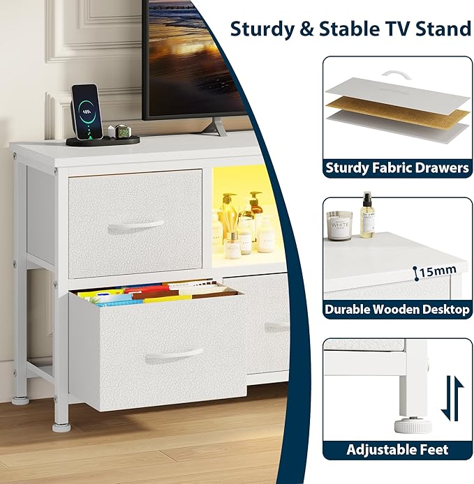 Lulive TV Stand for Living Room, LED White Dresser for Bedroom with 6 Fabric Drawers,43 55 60in TV Stand with Power Outlet, Entertainment Center with Open Shelf