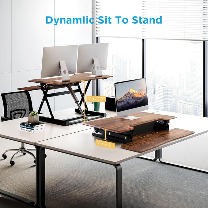 36" Standing Desk Converter, Dyropcurv Series Height Adjustable Computer Desk Ergonomic Home Office Desk for Adults, Sit to Stand Desk with Quiet Motor, Vintage Brown