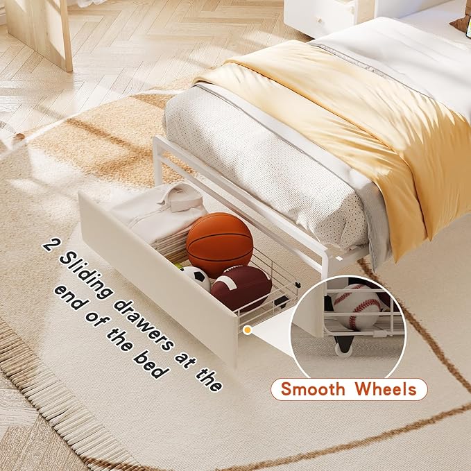 Maupvit Twin Bed Frame with Storage Headboard and Drawer,Upholstered Platform Bed Frame with LED Lights & Charging Station,Twin Size Bed with Guardrail,No Box Spring Needed,Beige