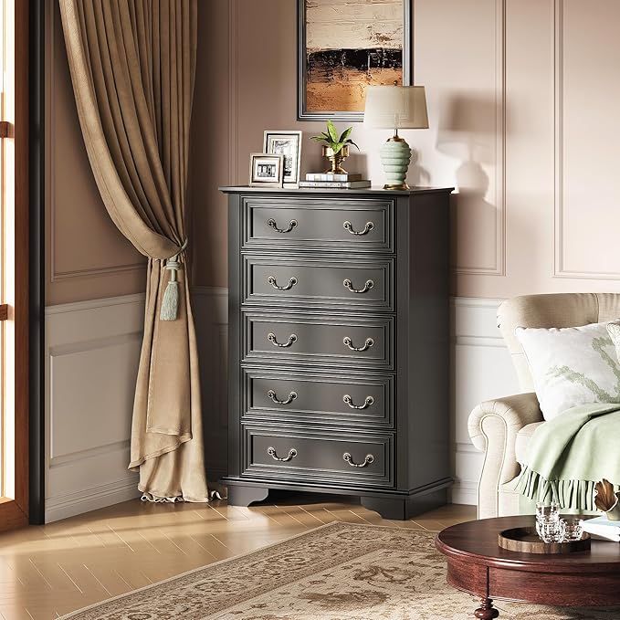 WLIVE Farmhouse Dresser for Bedroom, Tall Wood Dresser with 5 Drawer, Chest of Drawers with Roman Metal Handle for Living Room, Hallway, Closet, Black