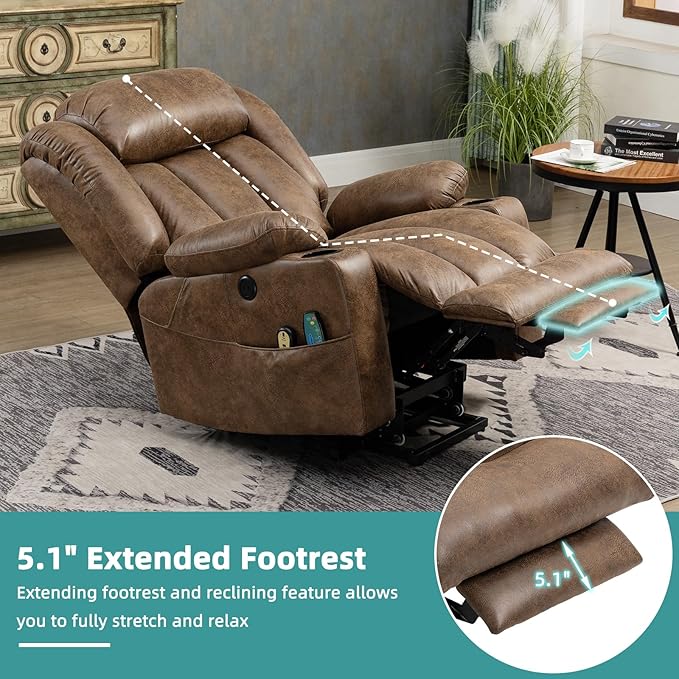 MEETWARM Large Power Lift Electric Recliner Chair with Extended Footrest for Big Tall Man, Overstuffed Wide Recliner with Massage and Heat, 2 Remote Controls/USB Ports/4 Side Pockets(Brown)