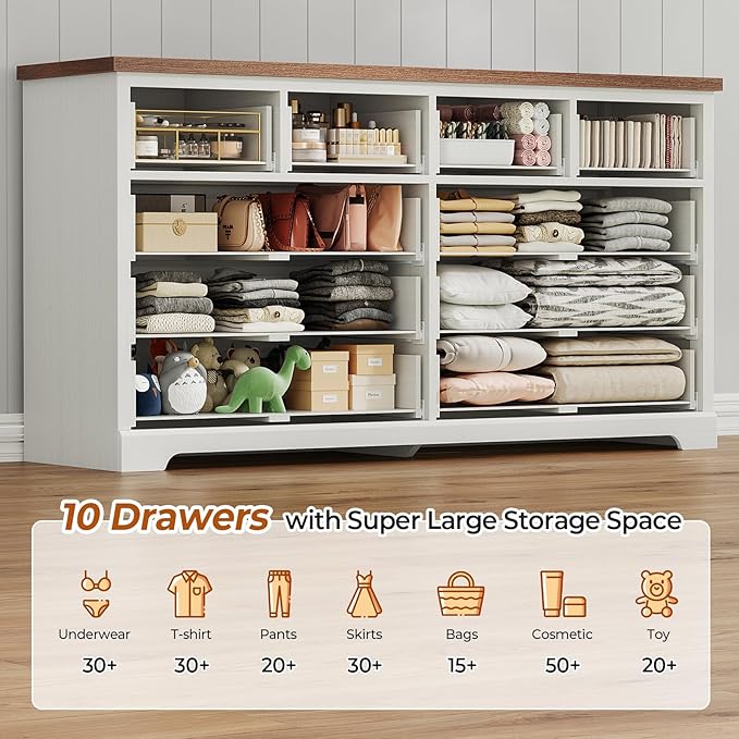 DICTAC 10 Drawers Dresser for Bedroom,55" Wide Farmhouse Dresser with Natural Texture and Vintage Metal Handles, Rustic Wood Chest of Drawers for Bedroom, Living Room, Hallway,White