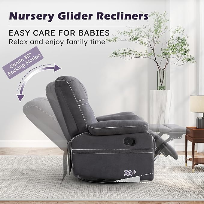 ANJ Oversized Swivel Rocker Recliner Chair for Adults, Manual Rocking Recliner Glider Recliner Nursery Chair Clearance with Decorative Stitching Soft Fabric Thick Cushion for Living Room Bedroom