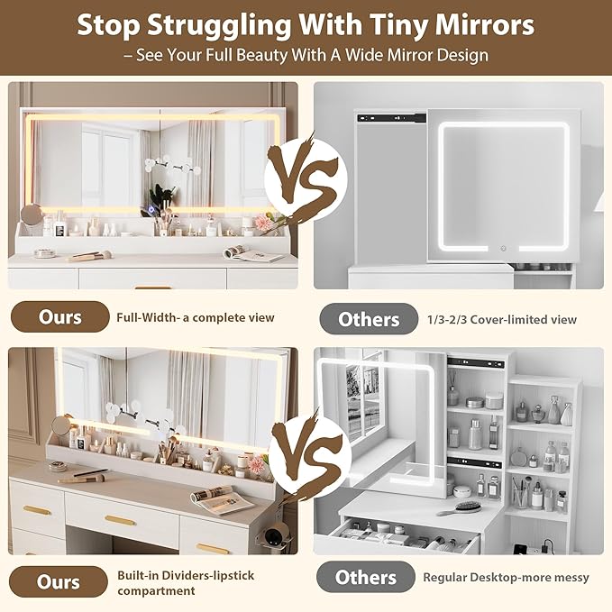 Garvee Vanity Desk with Large Mirror and Lights, 45.9In Makeup Vanity Desk, 3 Lighting Modes Adjustable Brightness, Vanity Table with Power Outlet &8 Drawers, for Powder Room and Bedroom