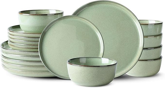 GBHOME Ceramic Dinnerware Sets for 6, 18 Pieces Stoneware Plates and Bowls Sets, Scratch Resistant Dishes, Dishwasher & Microwave Safe-Pastel Green