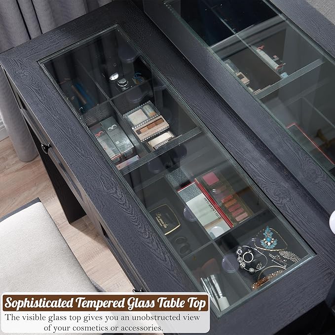 Farmhouse Vanity Desk with Mirror and Lights, 43" Wide Makeup Vanity with Glass Tabletop and Charging Station, Modern Vanity Table Set with Storage and Stool for Bedroom, Black