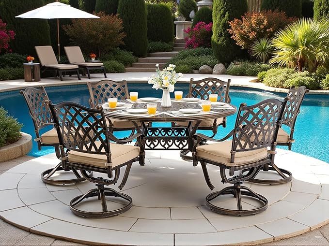 7 Piece Outdoor Dining Set Cast Aluminum, Retro Patio Dining Furniture Set for 6 Includes 54’’ Round Table 6 Chairs with Thicker Cushion and Umbrella Hole for Patio Deck Garden