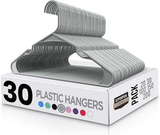 Utopia Home Plastic Hangers 30 Pack - Perfect Space Saving Clothes Hanger - Durable and Strong - Perfect Closet Organizers with Shoulder Grooves (Grey)