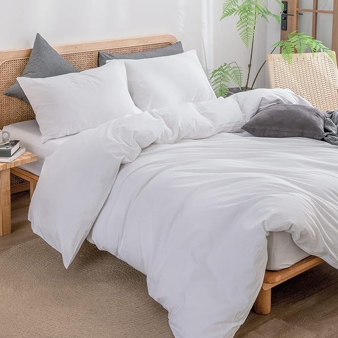 BESTOUCH Duvet Cover Set 100% Washed Cotton Linen Feel Super Soft Comfortable Chic Lightweight 3 PCs Home Bedding Set Solid Bright White Full/Double