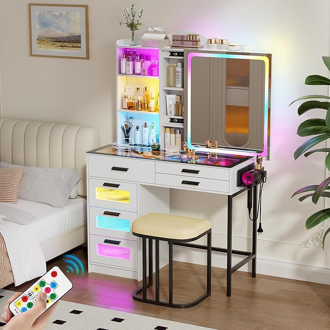 RGB Vanity Desk with Sliding Mirror and Lights,Makeup Vanity with Charging Station,LED Vanity Table with Glass Top,Girls Vanities Dressing Table Set with Stool&6 Drawers for Bedroom(White