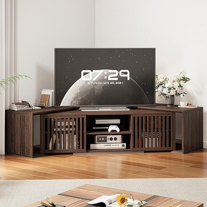 IRONCK TV Stand for TVs up to 75 Inches, Adjustable TV Stands for Living Room, Corner Entertainment Center with Open Storage Shelves, Dark Walnut