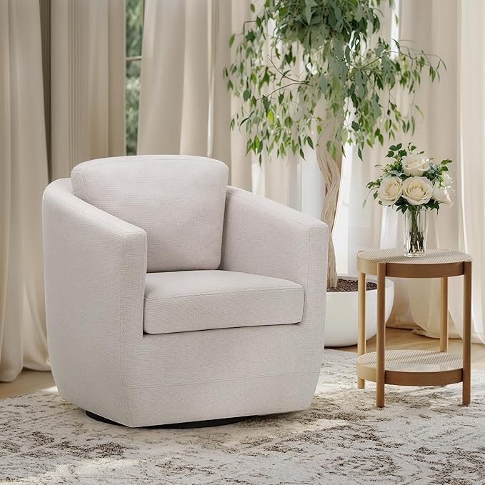 COLAMY Swivel Accent Chair, Round Upholstered Swivel Barrel Armchair Metal Base Fabric Chair Modern No Assembly Sofa Chair for Living Room Bedroom Reading Apartment Nursery, Beige(2pc)