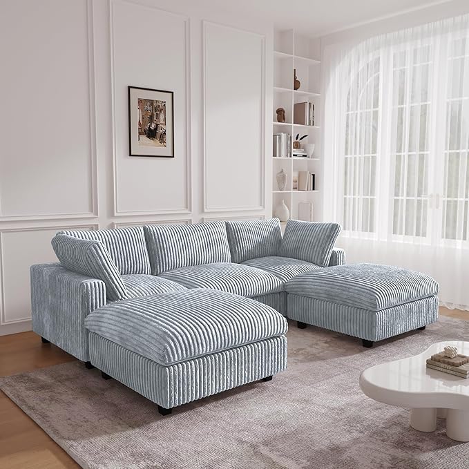 JACH 118" U Shape Modular Sofa for Living Room, Convertable Sectional Couch with Chaise Ottomans, Deep Seat Sofas, Sofa Covers Washable, Minimalist Plush Couch for Living Room, Apartment, Light Grey