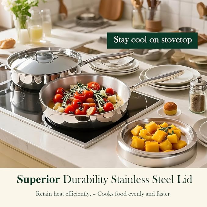 12 Inch Tri-Ply Stainless Steel Frying Pan, Frying Pan with Lid, PFOA/PTFE Free Skillet, Induction Cooking Pans, Dishwasher & Oven Broiler Safe 600F, Professional Cookware, Heavy Duty & Even Heat