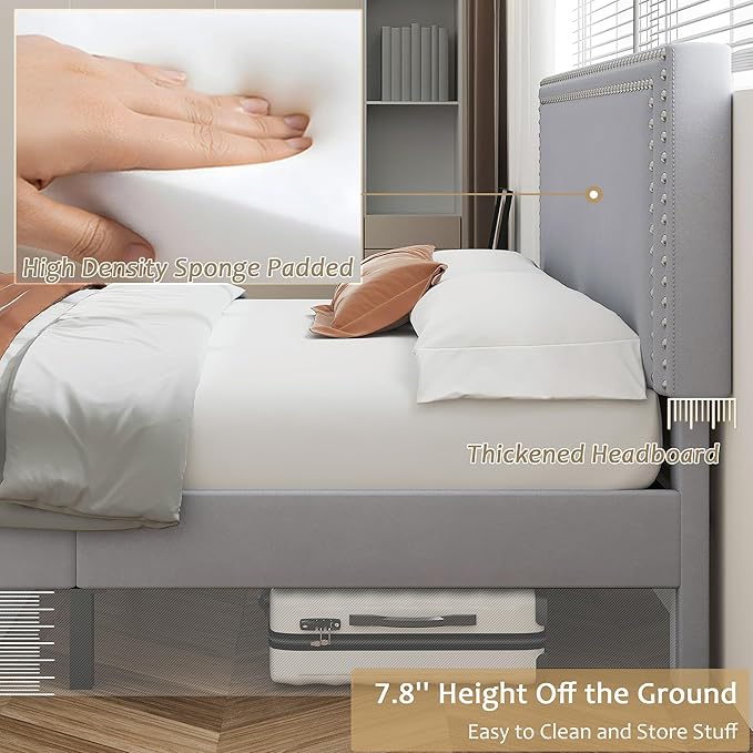 VECELO Full Size Bed Frame with Adjustable Upholstered Headboard, Wooden Slats Platform, Noise-Free Design, Easy Assembly