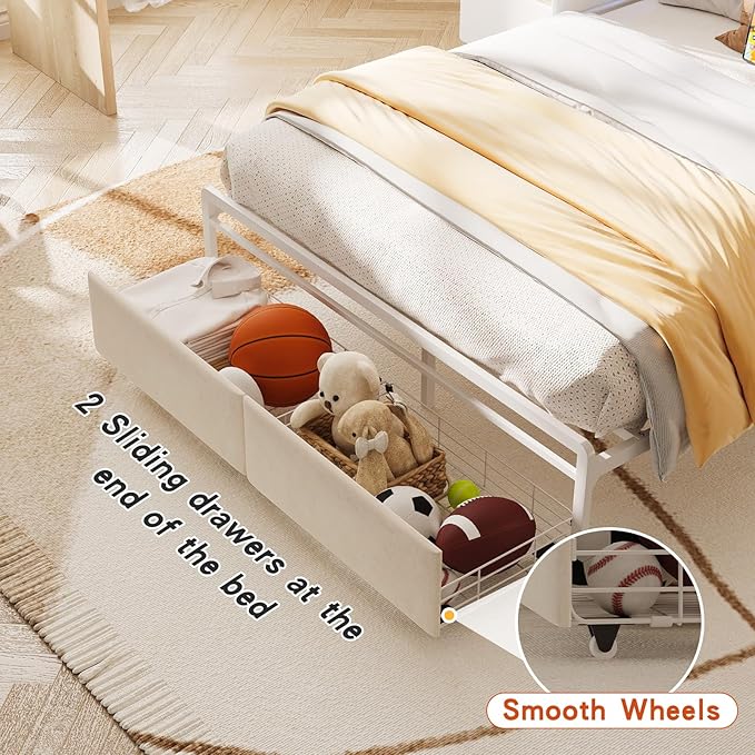 Maupvit Full Bed Frame with Storage Headboard and Drawer,Upholstered Platform Bed Frame with LED Lights & Charging Station,Full Size Bed with Guardrail,No Box Spring Needed,Beige