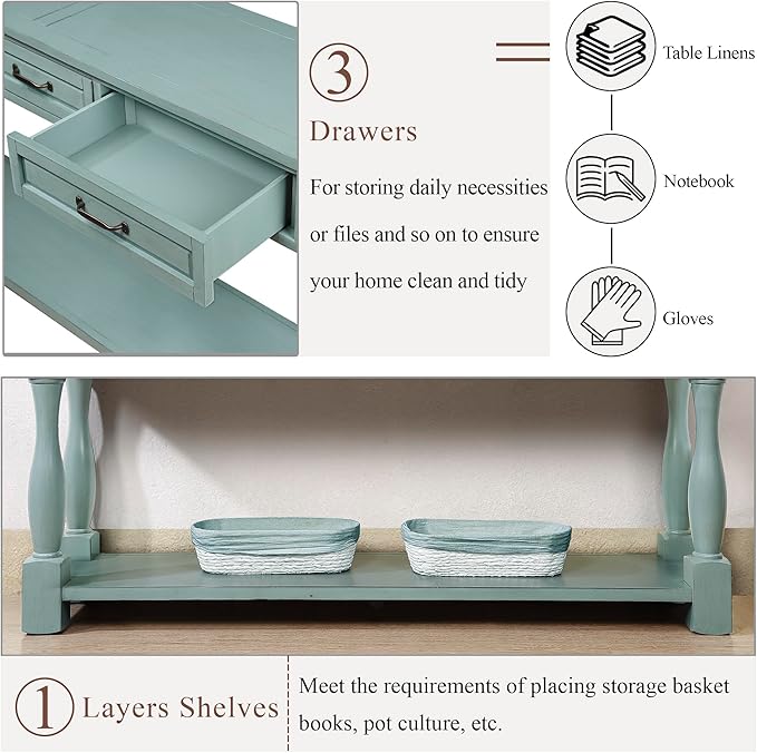 63inch Solid Wood Console Table with 3 Drawers and 1 Bottom Shelf Extra-Thick Sofa Table(Retro Blue)