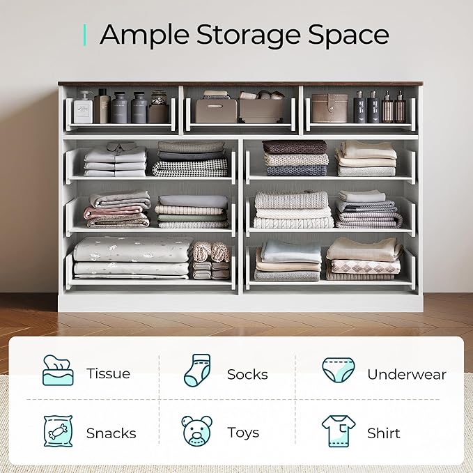 LINSY HOME 9 Drawer Dresser for Bedroom, 54" Wide Chest of Drawers, Modern TV Stand Dressers with Wood Frame and Metal Handles, Large Drawer Organizer for Bedroom, Living Room, White