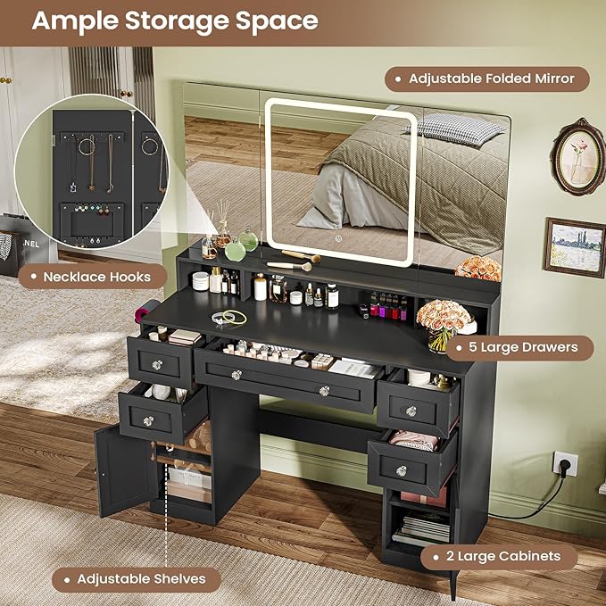 Vanity Desk with Mirror and LED Light, Large Makeup Vanity with Trifold Mirror and Charging Station, 5 Drawers for Storage, Black Modern Makeup Desk with Hidden Jewelry Hook for Bedroom, Women Girls