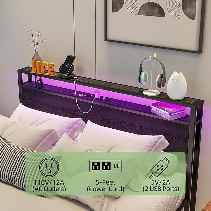 Queen Bed Frame With Storage Headboard/LED Lights, Metal Platform With Charging Station, No Box Spring Needed, Heavy Duty Slats, No Noise, Black