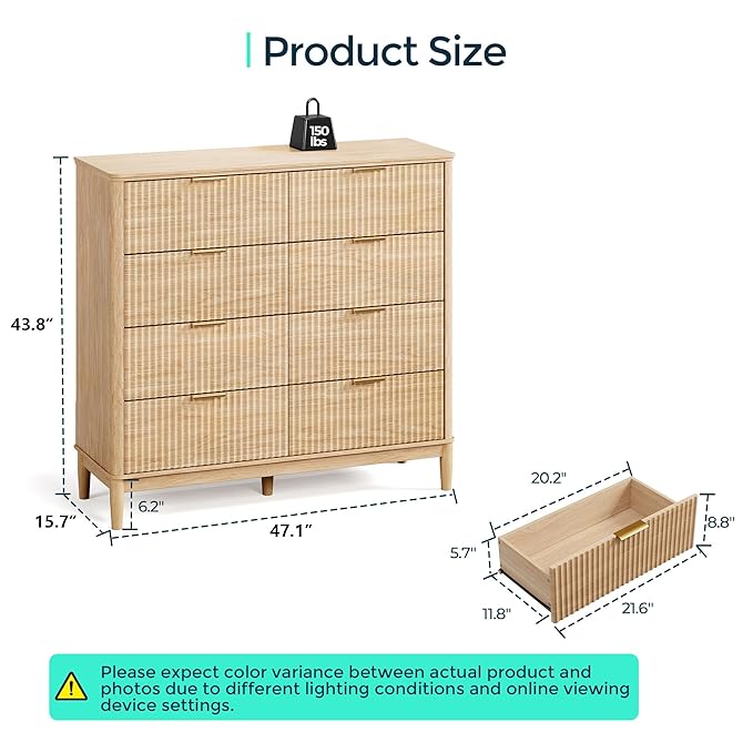 LINSY HOME Fluted Dresser for Bedroom with 8 Drawers, 47" Wide Chest of Drawers, Mid Century Modern Dresser TV Stand with Metal Handle, Wood Closet Storage Cabinet for Living Room, Hallway, Oak