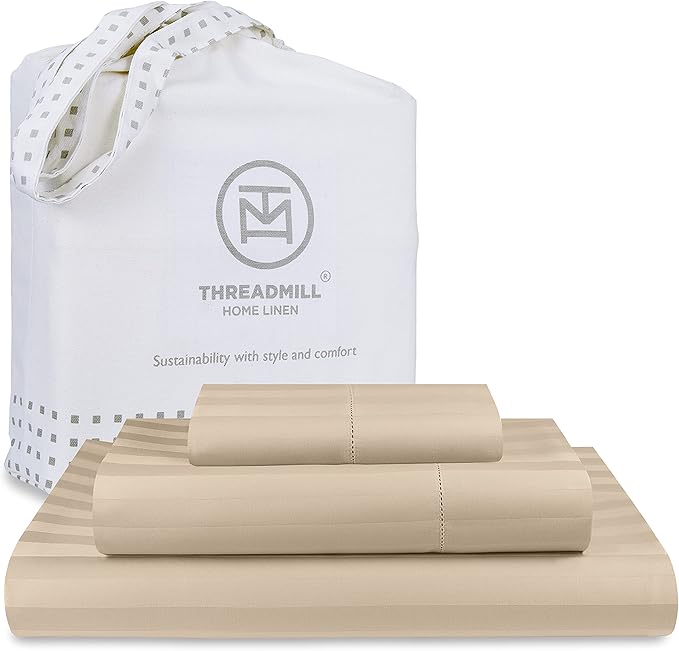 Threadmill 500 Thread Count Twin Size Damask Stripe, 3 Pc Luxury Cotton Bedding Set, Breathable Light Beige Sheets with 15" Elasticized Deep Pocket, 1 Pillowcase & Free Tote Bag