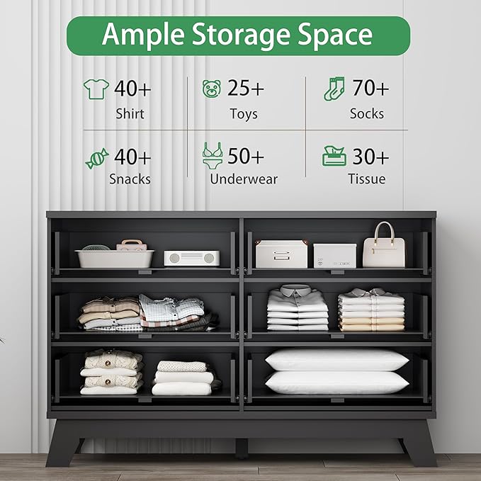 Fluted Dresser for Bedroom with 6 Drawers, 48" Wide Wooden Chest of Drawers with Metal Handle, Modern Dresser TV Stand, Wood Closet Clothes Storage Organizer for Living Room, Hallway, Black