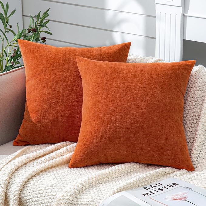 GAWAMAY Decorative Chenille Throw Pillow Covers 24x24 Inch Pack of 2, Soft Square Couch Pillow Cover for Sofa Cushion Living Room Bedroom Solid Dyed Pillowcases Burnt Orange 60x60cm (ONLY Covers)