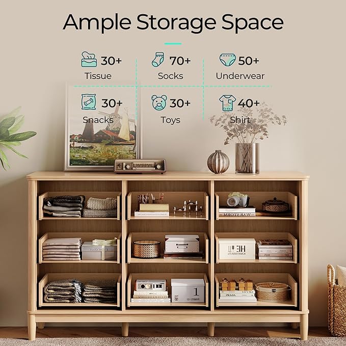 LINSY HOME Rattan Dresser for Bedroom with 9 Drawers, 58" Wide Chest of Drawers, Mid Century Modern Dresser TV Stand with Metal Handle, Wood Closet Storage Cabinet for Living Room, Hallway, Oak