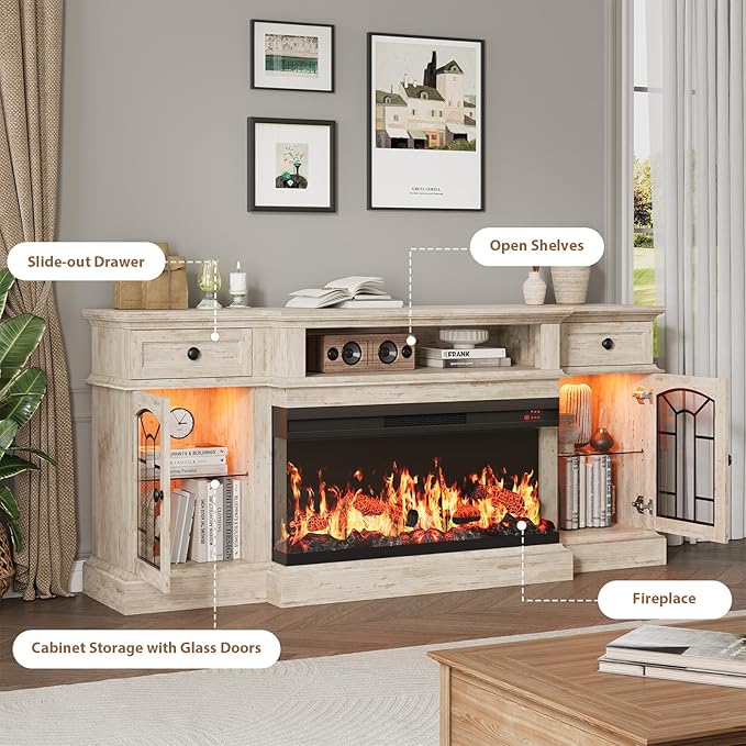 QUW 70" Farmhouse Fireplace TV Stand for TVs up to 80", Entertainment Center with 36" 3-Side Glass Electric Fireplace with Open Shelf and Cabinet, TV Console for Living Room, Antique Brush Grey