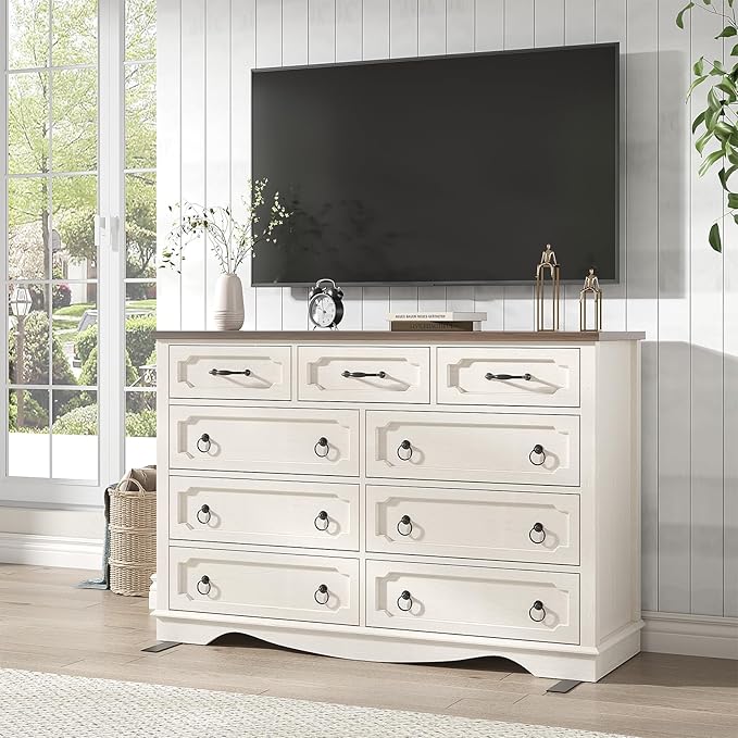 Maupvit 9 Drawer Dresser, 47" Wide Chest of Drawers for Bedroom, Farmhouse Dresser TV Stand with Large Drawers & Metal Handle, Wood Dressers for Living Room, Hallway, Entryway, Antique White