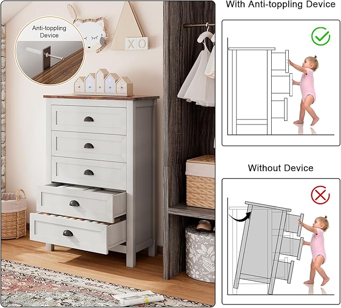 Wananlanen® Farmhouse Dresser for Bedroom, Antique Double Dresser & Chest of Drawer with Vintage Handle and Storage, Wooden Tall Rustic Organizer for Bedroom