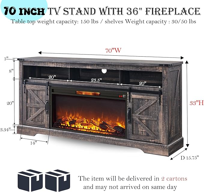 OKD Fireplace TV Stand for 80 Inch TV, 33" Tall Highboy Farmhouse Entertainment Center w/ 36'' Electric Fireplace, Rustic Media Console w/Sliding Barn Door for Living Room, Dark Rustic Oak