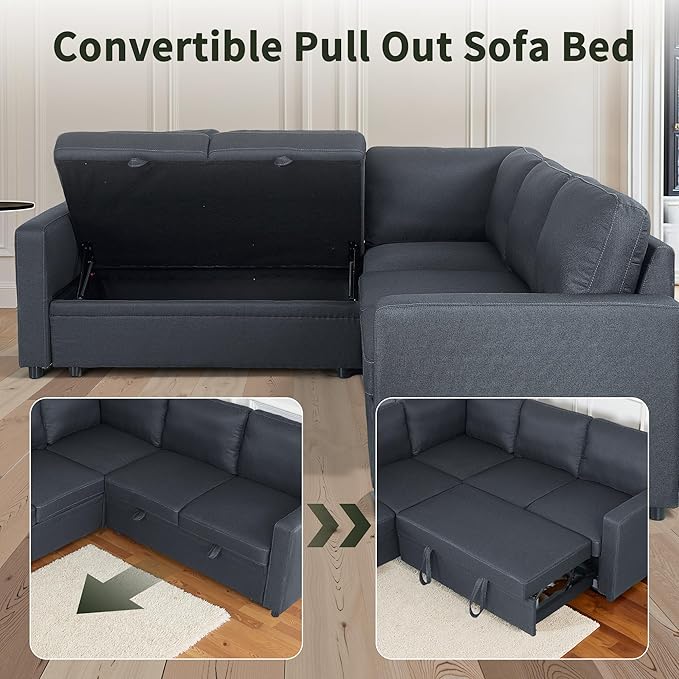 83" Pull Out Sleeper Couch with Storage Chaise, Couch, Sofa Bed, Convertible L Shaped Sofa for Living Room, Apartment, Black Grey