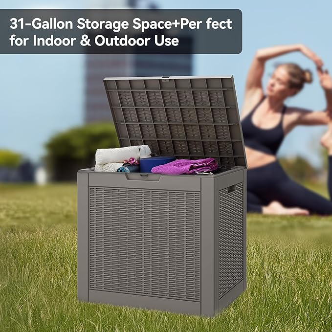 35 Gallon Outdoor Storage Box, Waterproof Resin Deck Box with Lockable Lid, Patio Furniture Side Table & Storage Bin for Package Delivery, Patio Cushions, Garden Tools, Pool Accessories, Grey