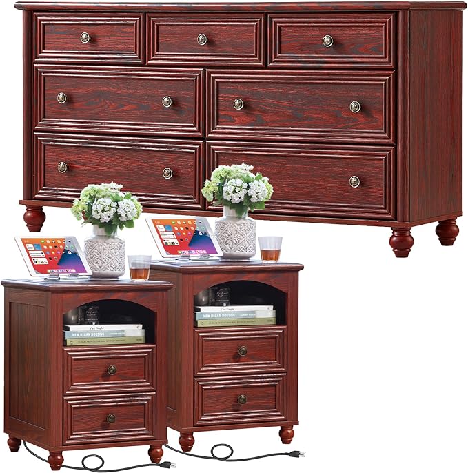 Dressers & Night Stand Set of 3, Wood 54" Wide Dresser & 18" with Charging Station Chest of Drawers, Roman Column Nightstand Set of 2, Bedroom Furniture Dresser Suites for Home Living Room Hallway