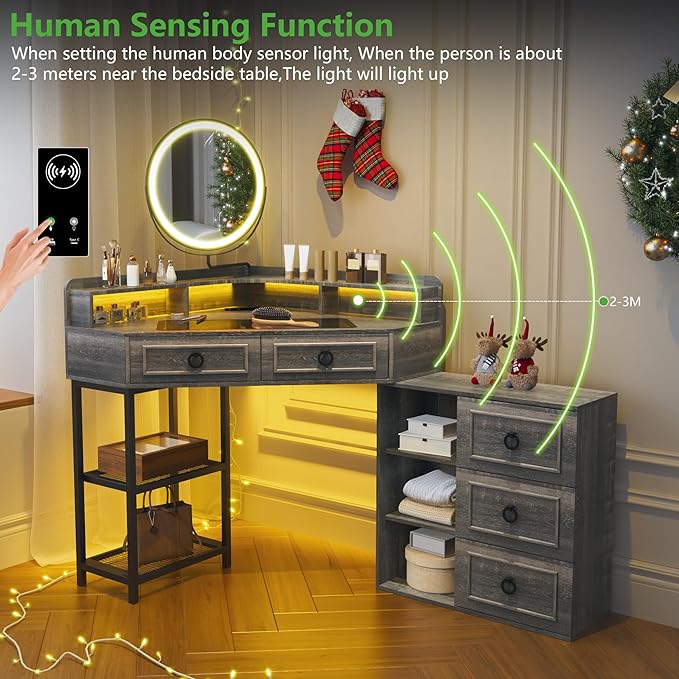 Corner Vanity Desk with Lighted Rotating Mirror and Lights, Glass Top Makeup Vanity with Corner Shelf&5 Drawers, Girls Vanitys with Charging Station,Jewelry Organizers for Bedroom,Brown