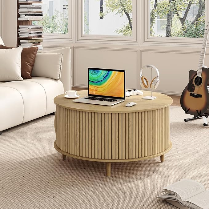Round Coffee Table with Storage, Mid Century Modern Center Table with Sliding Cabinet Door, Fluted Dining Table for Living Room, Home Small Space, 31.5", Oak