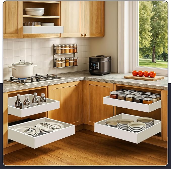 Pull Out Cabinet Organizer – Adjustable Sliding Shelf Inserts for Cabinets - Expandable Shelf Organizer from 12.6" to 20.5" – No Drill or Screw Install (White, 2 pack)