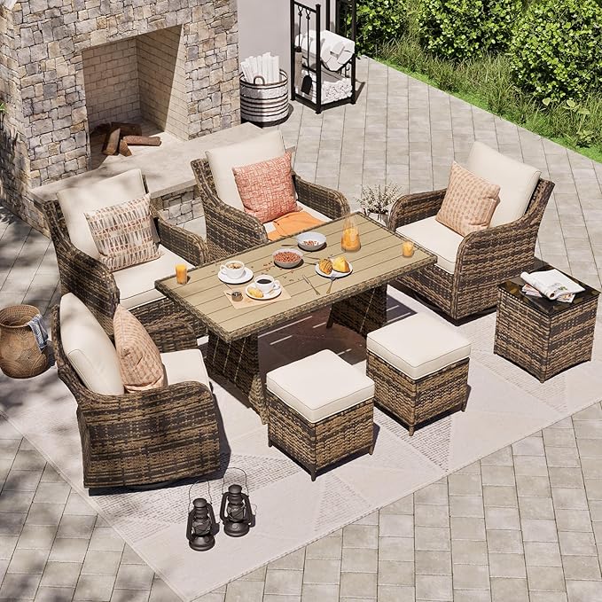 Outdoor Patio Furniture Set with Swivel Chairs, 8 Pieces Wicker Patio Conversation Set, Outdoor Patio Set with 2 Swivel Rocking Chair & 2 Single Chair, 2 Ottomans and Dining Table (Brown)