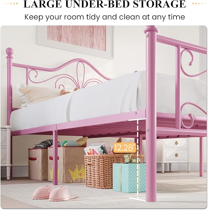 SHA CERLIN Twin Size Bed Frame for Kids,Metal Bed Frame with Butterfly Pattern Design Headboard and Footboard,No Box Spring Needed,Easy Assembly,Pink